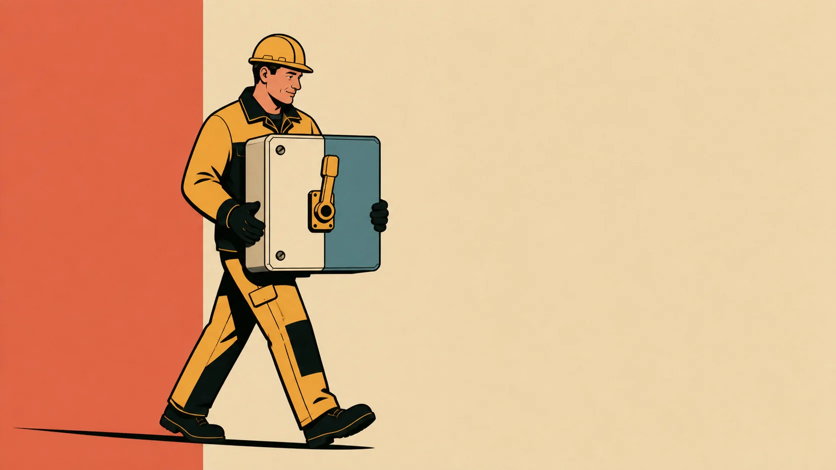 Illustration of an electrician carrying a control panel across site