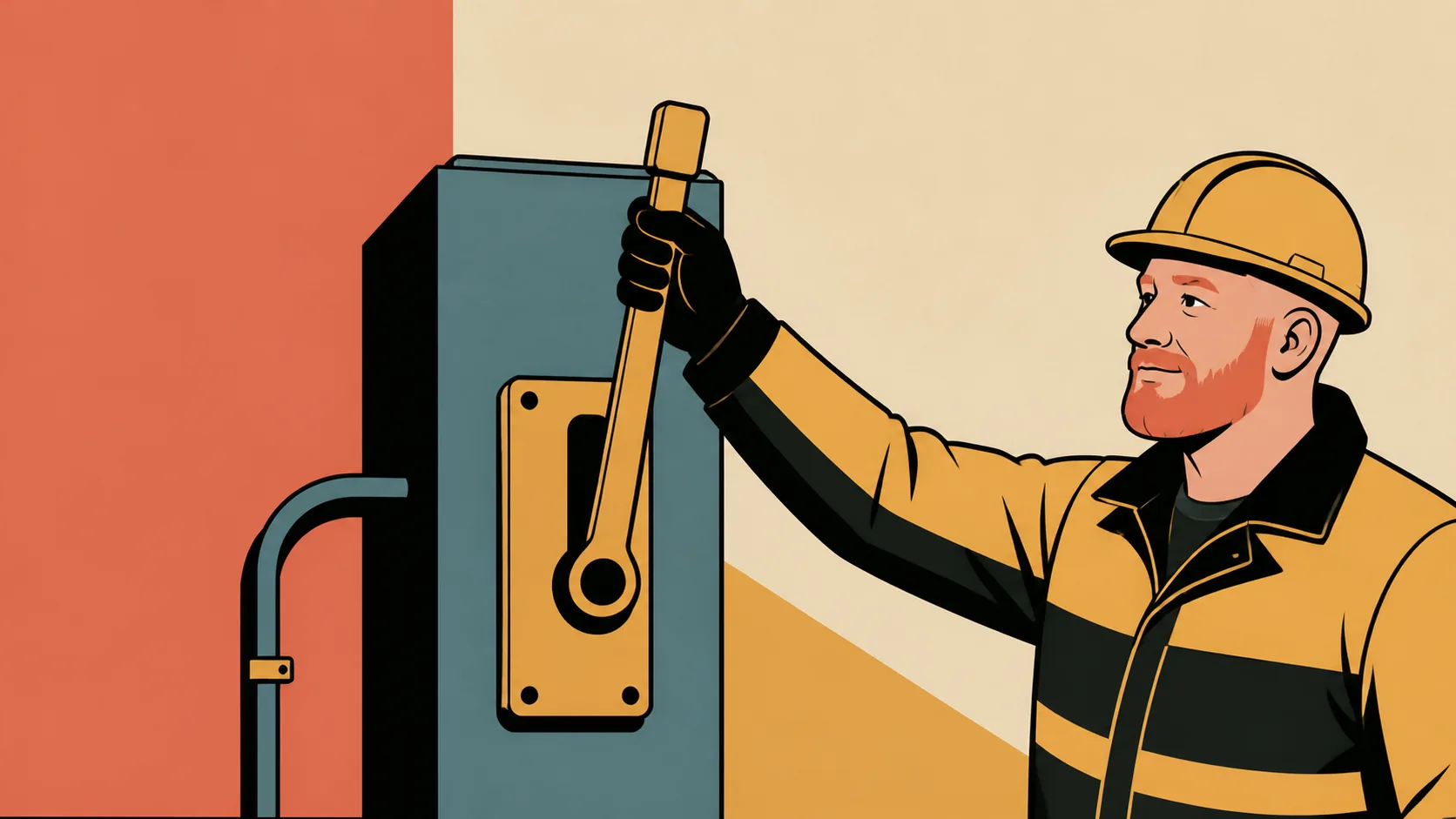 Illustration of an electrician pulling down a large lever isolator