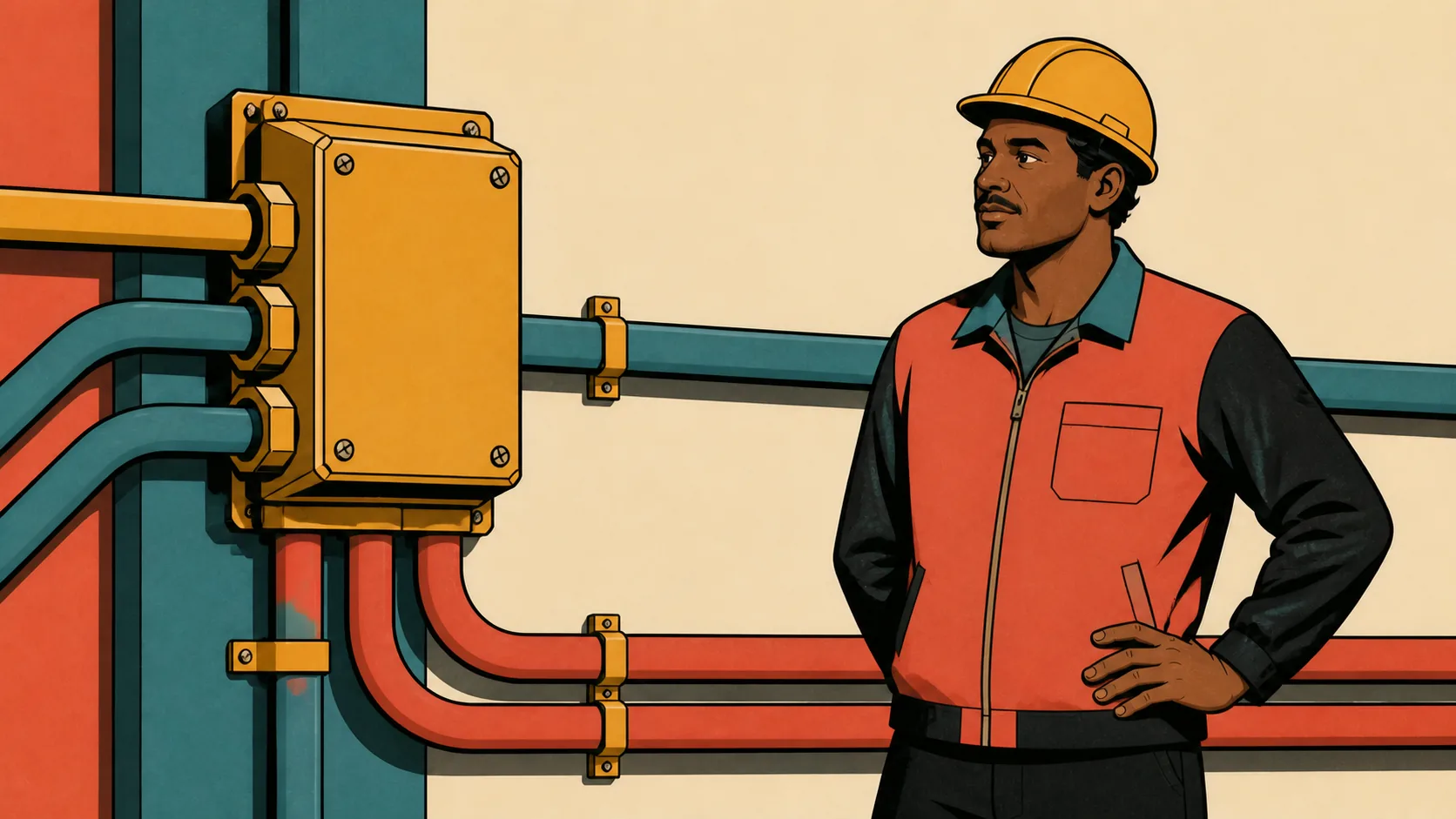 Illustration of an electrician beside a junction box with conduits branching in several directions