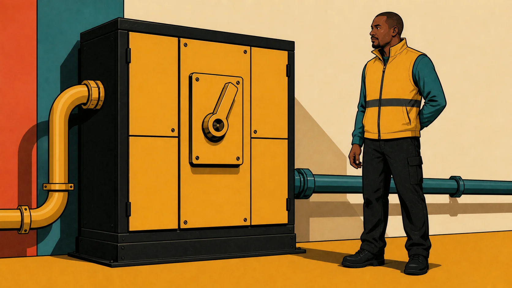 Illustration of an electrician beside a large transformer enclosure and pipework