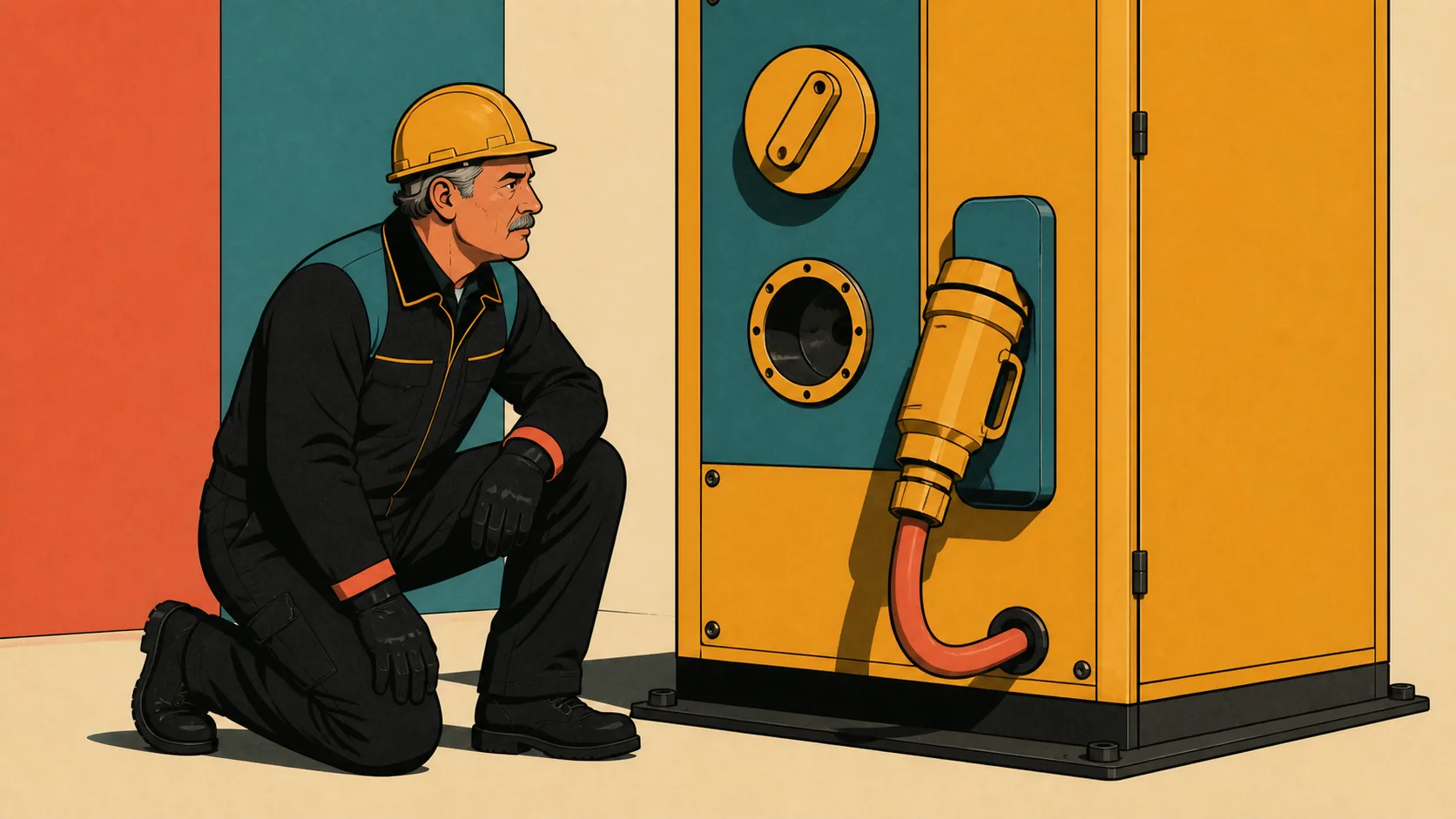 Illustration of an electrician kneeling to work at an industrial control cabinet