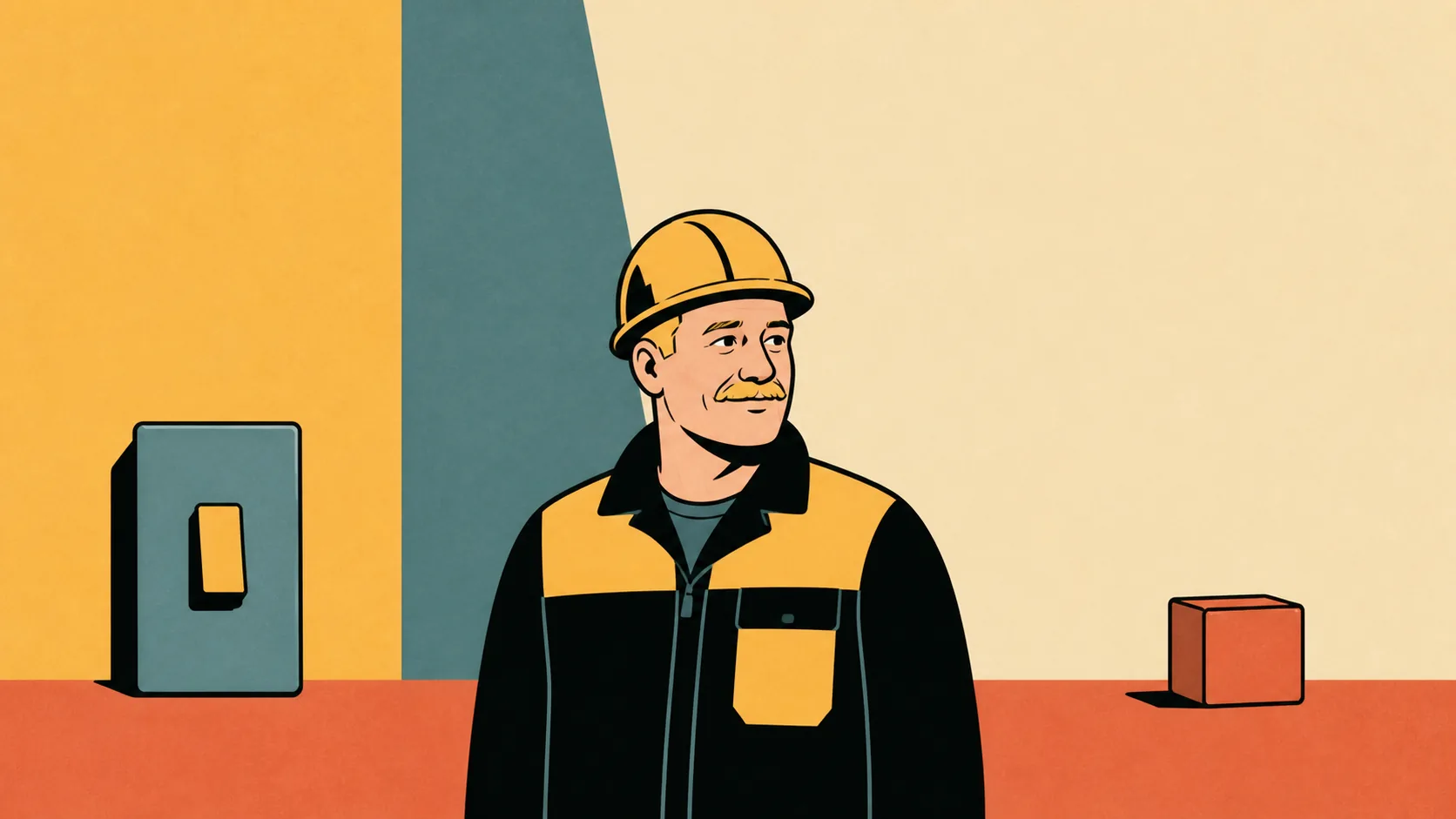 Illustration of a smiling electrician beside a wall switch