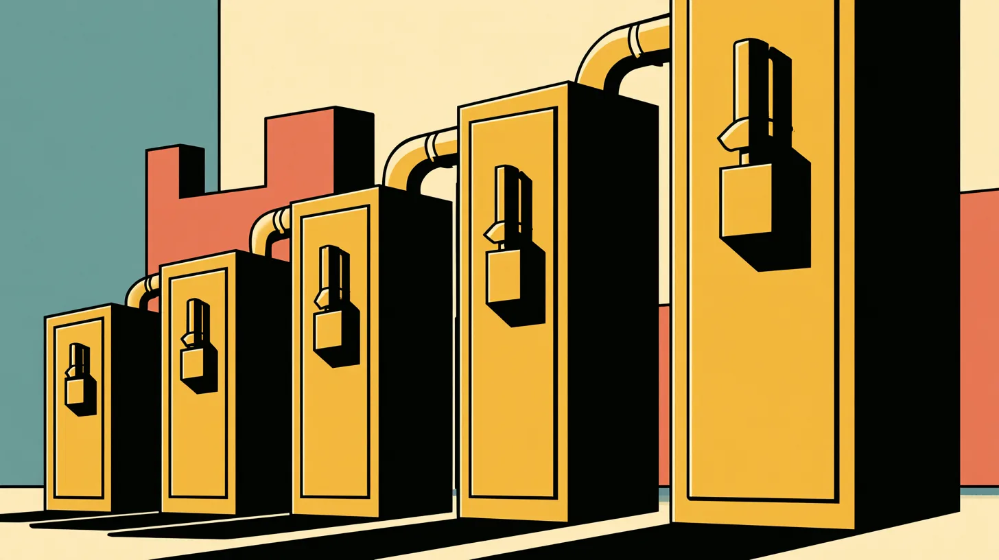 Illustration of a receding row of industrial distribution cabinets