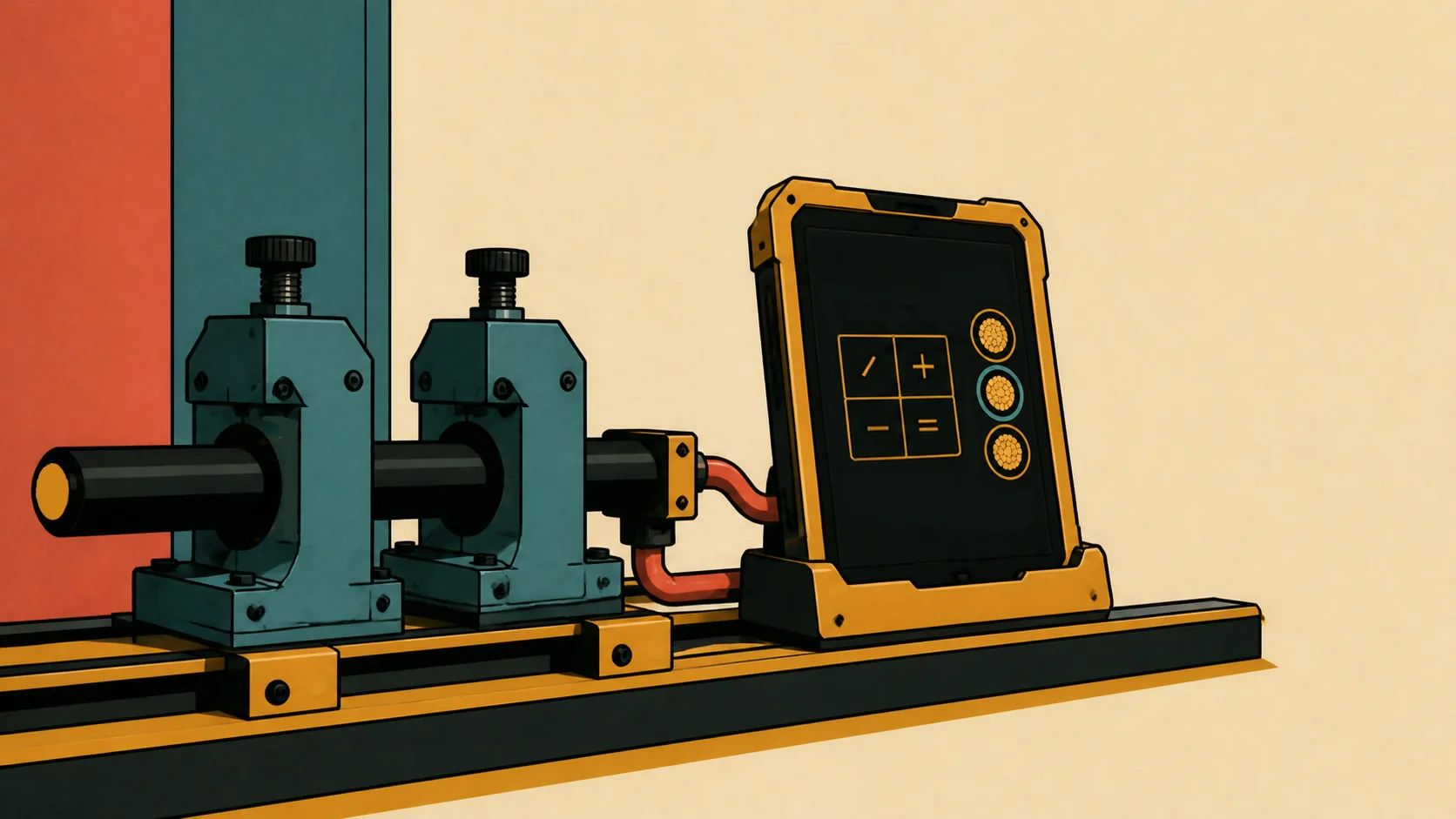 Illustration of a handheld calculator device beside cable termination equipment